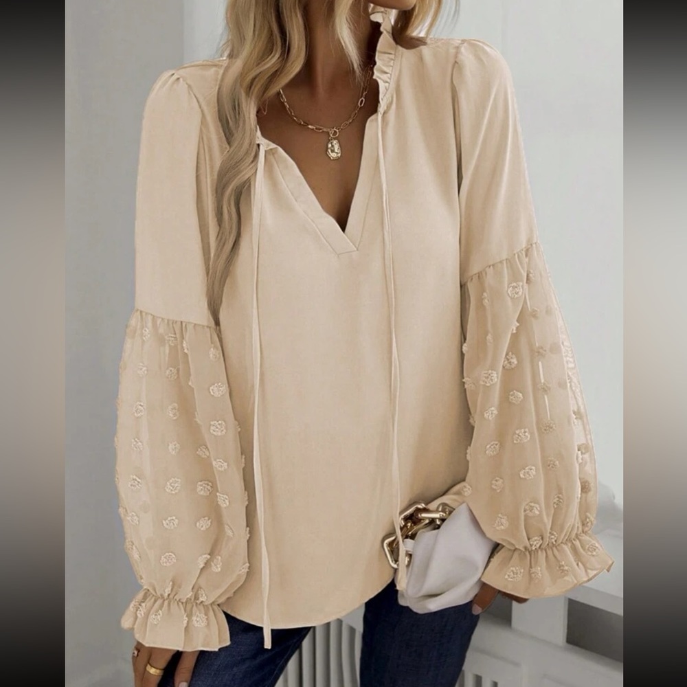 Boho  Swiss dot sleeve tie neck blouse - Picture 6 of 13